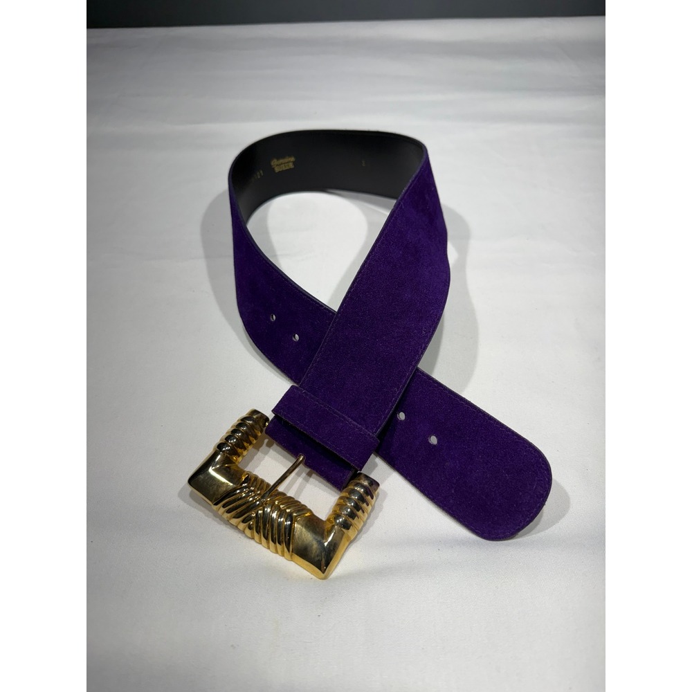 Vintage Purple Suede Wide Belt Gold Ribbed Buckle Genuine Leather 28121 Small
